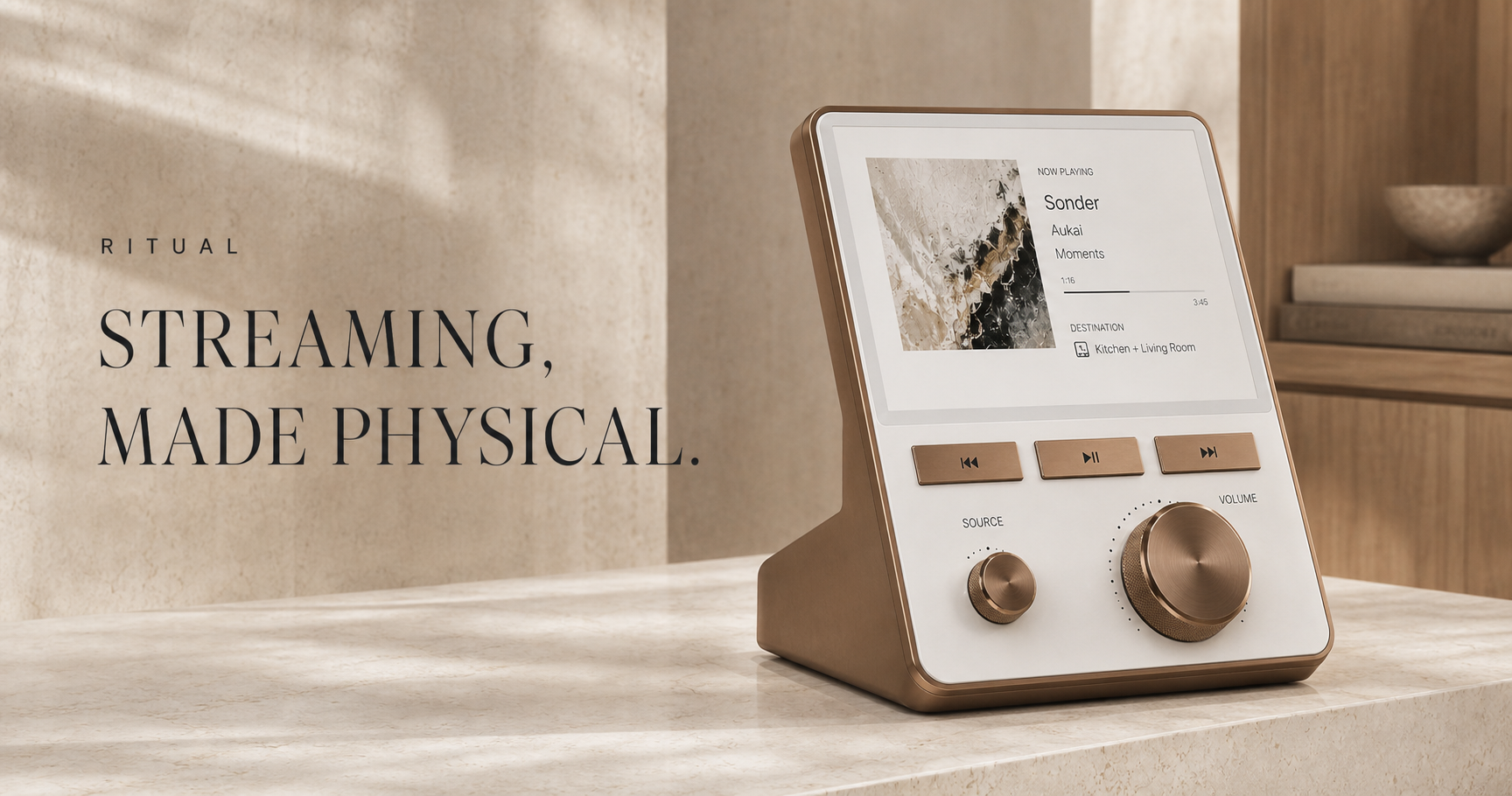 Pearl white Ritual home music console in Warm bronze PVD