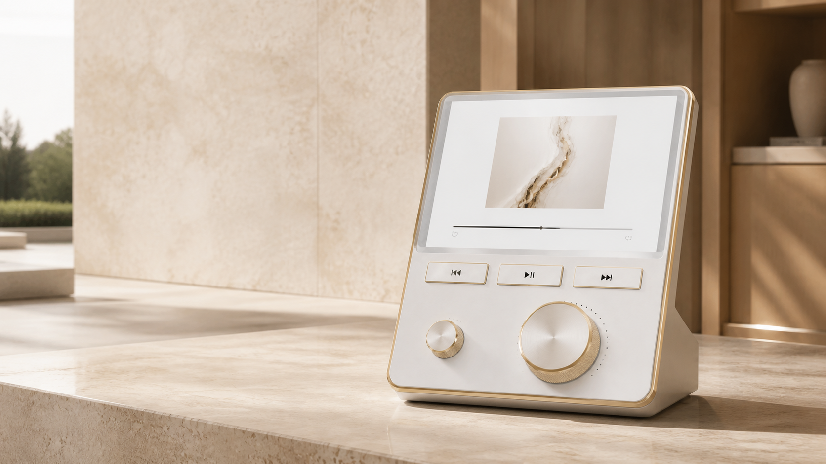 Pearl-white Ritual home music console with champagne-bronze controls in a calm architectural interior