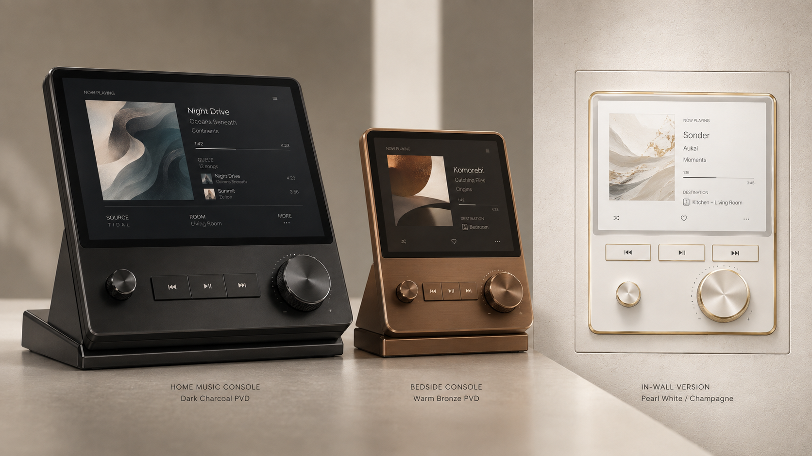 Ritual product family: home music console, warm bronze bedside console and pearl-white in-wall version